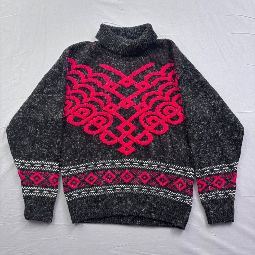 Vintage TJW Mervyns Geometric Turtleneck Sweater Red Black Marl Knit L